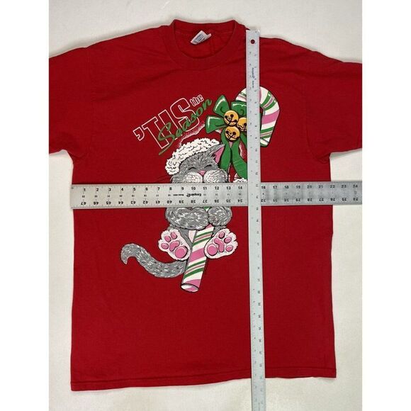 VINTAGE Its The Season Cat Holiday Graphic T-shirt Men Large Red 90s - Picture 5 of 5